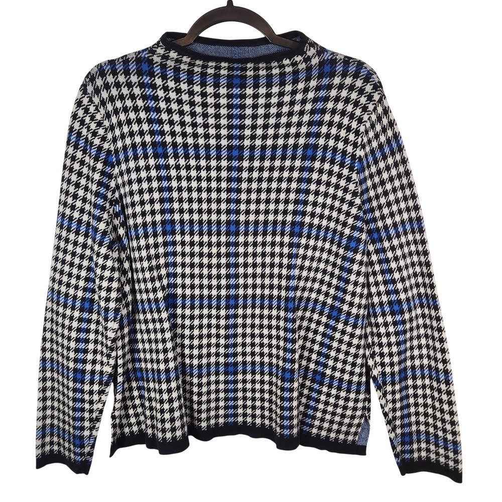 Crown & Ivy Petite PXL Houndstooth Mock Neck Cotton Sweater Blue Black Preppy